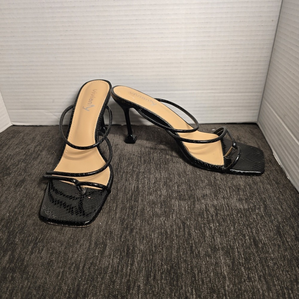 Vivianly Black Snakeskin Strappy Heeled Sandals Square Toe Mules Womens Size 9‎